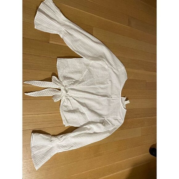 H&M White striped round neck long sleeve fluted sleeve bow-tie front blouse top - Picture 2 of 4